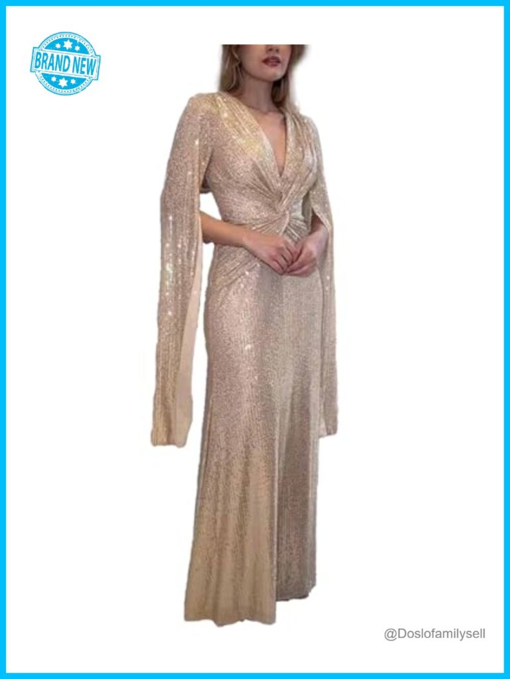 Sequin Prom Dress Long Cape Sleeve V Neck Twist Knot Maxi Gown